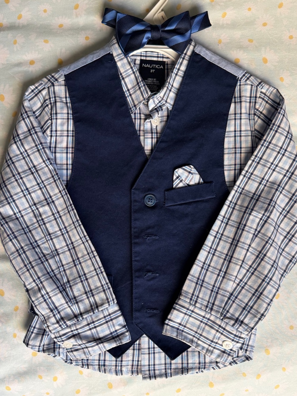 Nautica Boys Navy Vest with Blue & White Plaid Shirt and Bow Tie